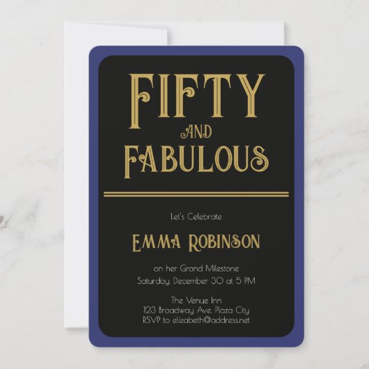 レトロ ゴールド "Fifty and Fabulous" 50歳の誕生日 招待状 (正面)