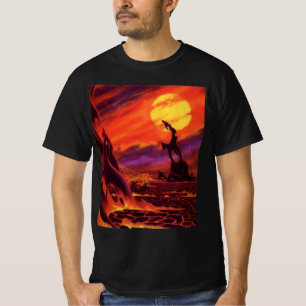 レトロ サイエンス フィクション 火山惑星 赤い溶岩 Tシャツ