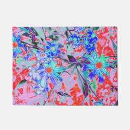 レトロ サイケデリック アクアグリーンとオレンジの花 ドアマット