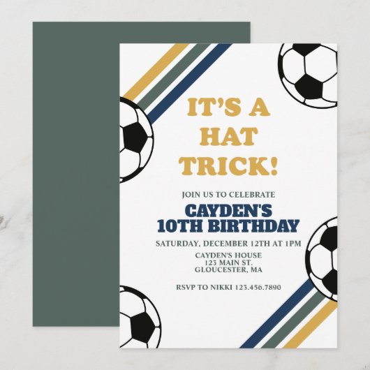 レトロ サッカー ハットトリック 3歳の誕生日 招待状 (正面/裏面)