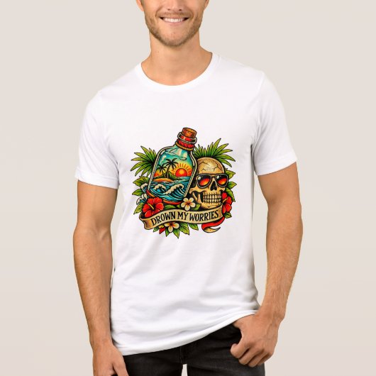 レトロ サマー スカル メッセージインボトル ビーチ トライブレンドTシャツ (正面)
