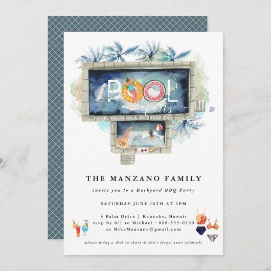 レトロ サマー | プールパーティー ご招待 招待状 (正面/裏面)
