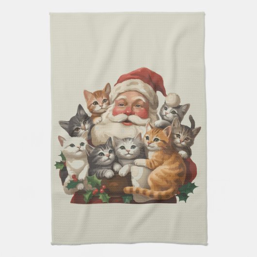 レトロ サンタクロース & 子猫 クリスマス 冬 90年代 キッチンタオル (縦)