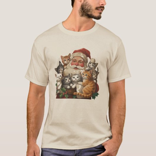 レトロ サンタクロース & 子猫 クリスマス 冬 90年代 Tシャツ (正面)