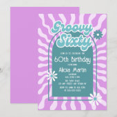 レトロ サン ウェーブ デイジー グルービー グリーン 60歳の誕生日 招待状 (正面/裏面)