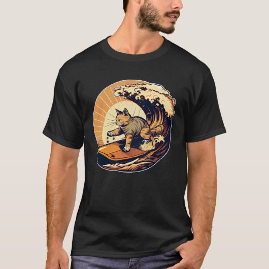 レトロ サーフィン ネコ ビンテージ 日没 ビーチ 夏 海岸 Tシャツ (正面)