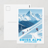 レトロ スイス アルプスのスキー、スイス旅行 ポストカード (正面/裏面)
