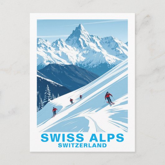 レトロ スイス アルプスのスキー、スイス旅行 ポストカード (正面)