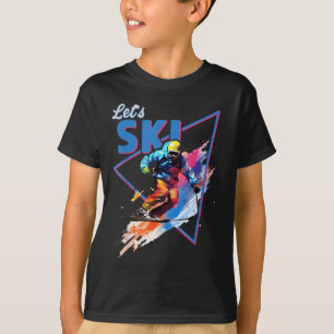 レトロ スキー パウダー ヴィンテージ スキー カラー シュレッド デザイン Tシャツ