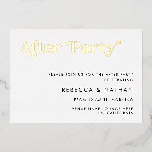 レトロ スクリプト タイポグラフィー ウェディング アフター パーティー 本物 箔招待状 (正面)