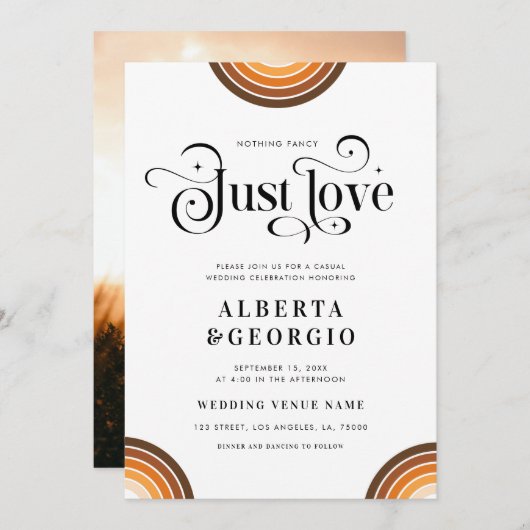 レトロ スクリプト ボヘミア レインボー 愛に満ちたシンプルさ 招待状 (正面/裏面)