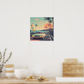 レトロ-スタイルヴィンテージ車オンビーチフロントロード ポスター (キッチン)