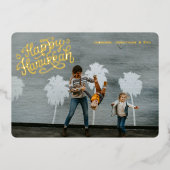 レトロ スパークル 幸せなハヌカ ブルー ワン フォト ゴールド 箔シーズンカード (正面)