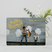 レトロ スパークル 幸せなハヌカ ブルー ワン フォト ゴールド 箔シーズンカード (立ち正面)