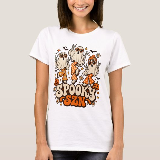 レトロ スプーキーシーズン 幽霊 | グルービー70年代ハロウィンデザイン Tシャツ (正面)