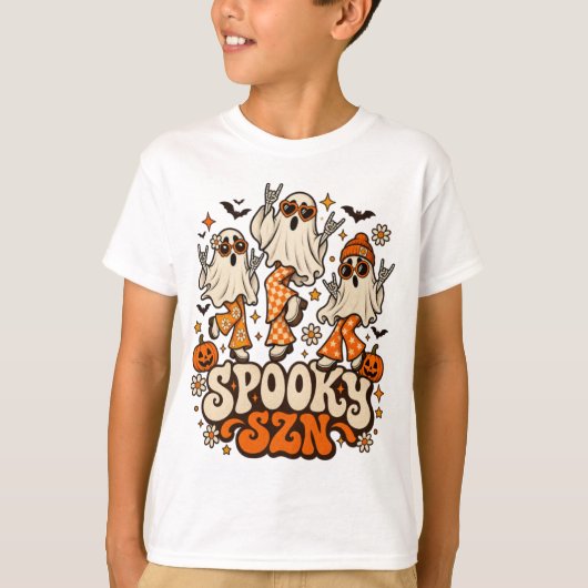 レトロ スプーキーシーズン 幽霊 | グルービー70年代ハロウィン デザイン Tシャツ (正面)