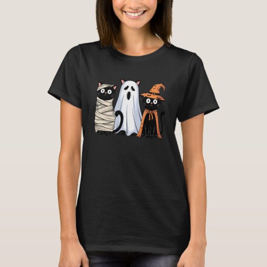 レトロ スプーキー ハロウィン 3匹の黒猫 ミイラ 幽霊 Tシャツ (正面)