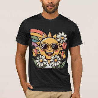 レトロ スマイリング サン レインボー フローラル キュート ヴィンテージ エステ Tシャツ