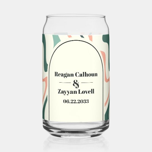 レトロ スワール アーチ ミントグリーンとピンクのウェディング ガラス缶 (正面)