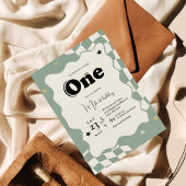 レトロ・セージグリーンの市松模様のグルービーな1歳の誕生日 招待状
