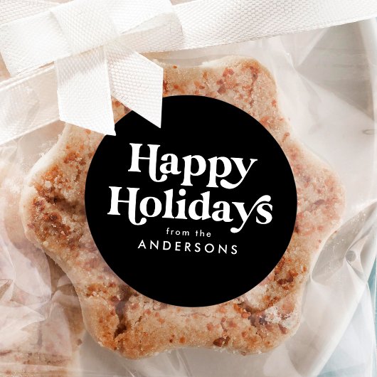 レトロ タイポグラフィー ブラック＆ホワイト ハッピー ホリデーズ ラウンドシール