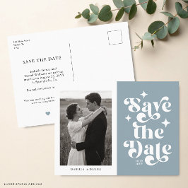 レトロ タイポグラフィー ブルー ウェディング セーブ ザ デート ポストカード