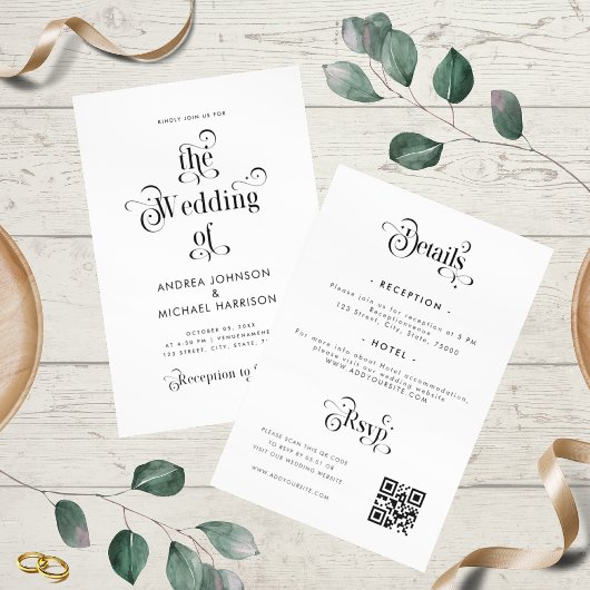 レトロ タイポグラフィ クリーン ホワイト オールインワン QR コード 招待状