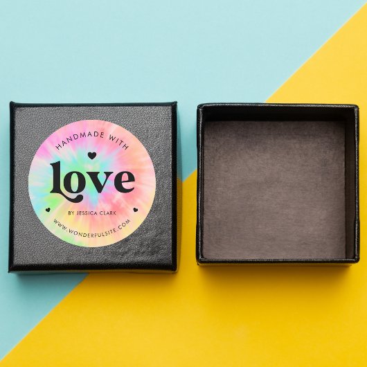 レトロ タイポグラフィ ハンドメイド ラブ ハート タイダイ ラウンドシール