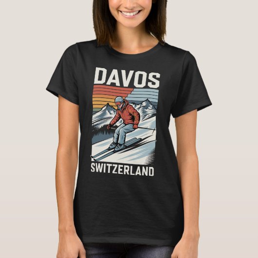 レトロ ダボス スイス スキーリゾート Tシャツ (正面)