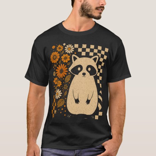 レトロ チェッカー柄 ハロウィン アライグマ Tシャツ (正面)
