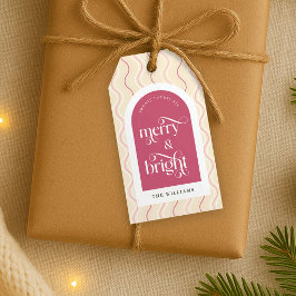 レトロ チェリー ピンク レッド 波状 ストライプ メリークリスマス ギフトタグ