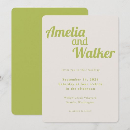 レトロ デライト チャートリュース グリーン ウェディング 招待状 (正面/裏面)