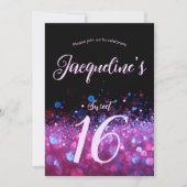 レトロ ネオン ピンク グリッター スクリプト スイート16 誕生日 招待状 (正面)