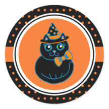 レトロ ハッピー ハロウィン 黒猫 ステッカー