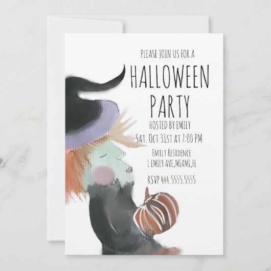レトロ・ハロウィンパーティー 水彩画の魔女とカボチャ  招待状 (正面)
