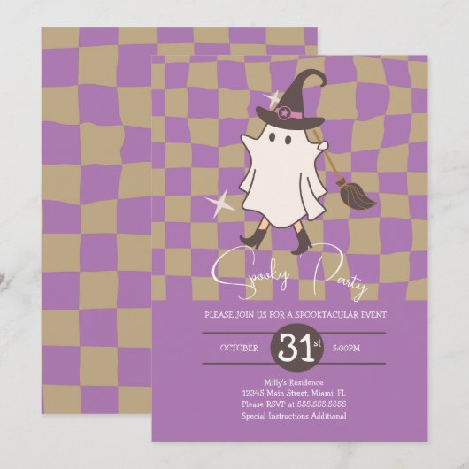 レトロ ハロウィン おばけ スプーキー バースデーパーティー 招待状 (正面/裏面)