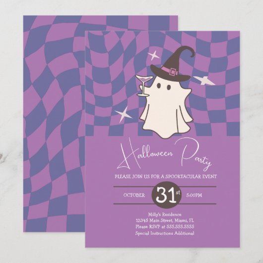 レトロ ハロウィン おばけ 大人 ワイン 誕生日 パーティー 招待状 (正面/裏面)
