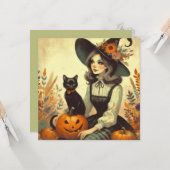 レトロ ハロウィン ウィッチとブラック フラット グリーティング カード (正面/裏面インサイチュ)