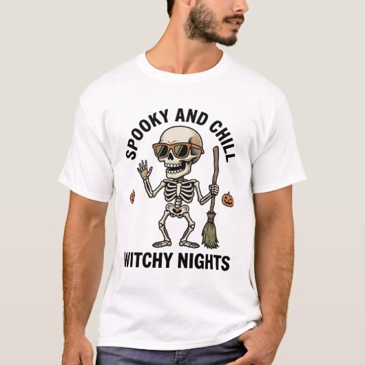 レトロ ハロウィン スケルトン 彫刻 魔法使いの箒 シェブロン Tシャツ (正面)
