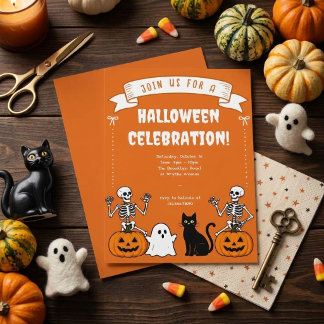 レトロ・ハロウィン・セレブレーション・バナー・リボン・スケルトン 招待状