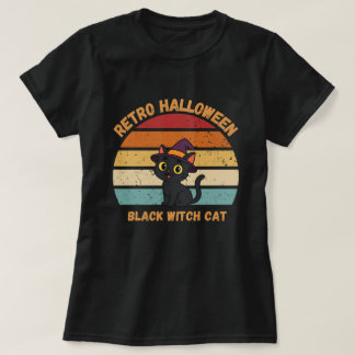 レトロ ハロウィン 黒魔女 猫 ビンテージ 日没 Tシャツ