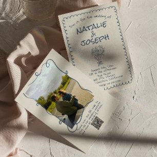 レトロ ハンドドロー ナビーブルー QRコード フォト ウェディング 招待状