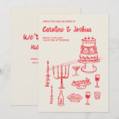 レトロ ハンドドロー レッド クイッキー ケーキ モダン ウェディング 招待状 (正面/裏面)