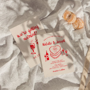 レトロ ハンドドロー レッド クイッキー ケーキ モダン ウェディング 招待状