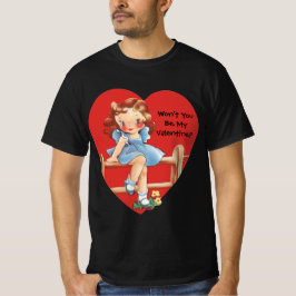 レトロ バレンタインデー、フェンス上のヴィンテージ 少女 Tシャツ
