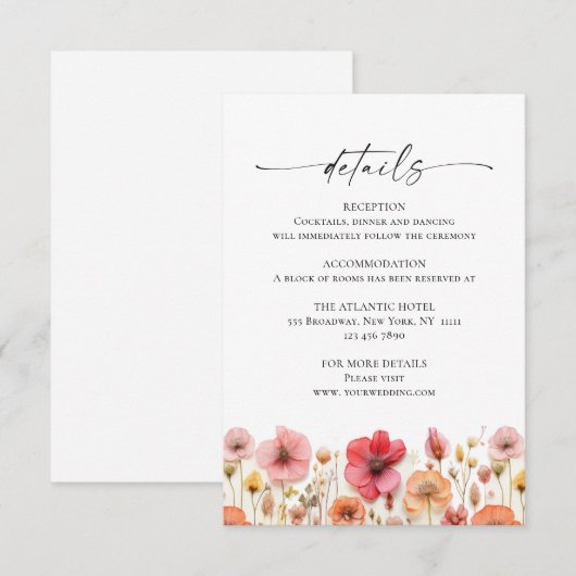 レトロ パステル ピンク ボヘミア ワイルドフラワー ウェディング 詳細 エンクロージャーカード (正面/裏面)