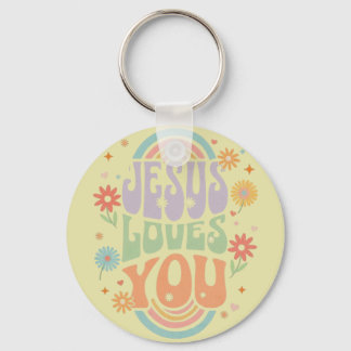 レトロ パステル “Jesus Loves You” キリスト教デザイン –  キーホルダー