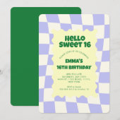 レトロ パープル グルービー チェッカー スウィート16バースデーパーティー 招待状 (正面/裏面)