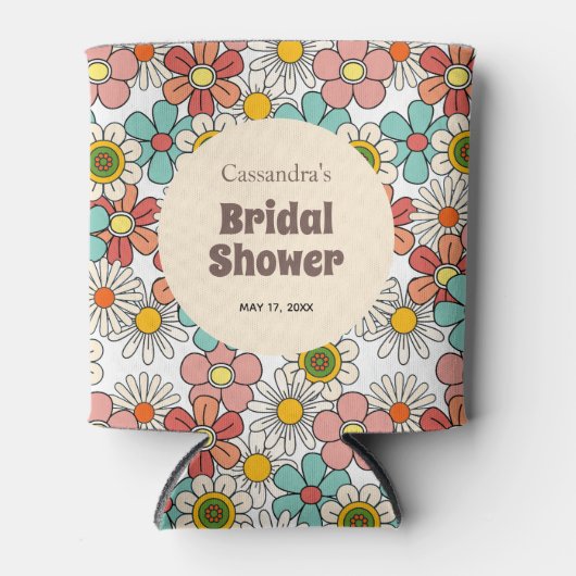 レトロ ヒッピーのグルーヴィーな花の ブライダルシャワー 缶クーラー (正面)
