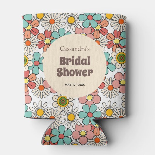 レトロ ヒッピーのグルーヴィーな花の ブライダルシャワー 缶クーラー (裏面)